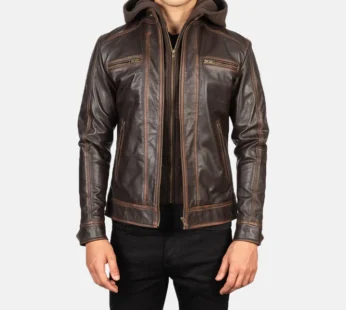 Men’s Hector Vintage Brown Hooded Leather Biker Jacket